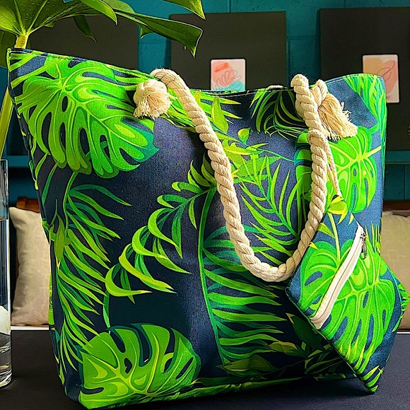 Showcase Hawaii Handbags - Showcase Hawaii Black Monstera Tropical Rope Tote Bag